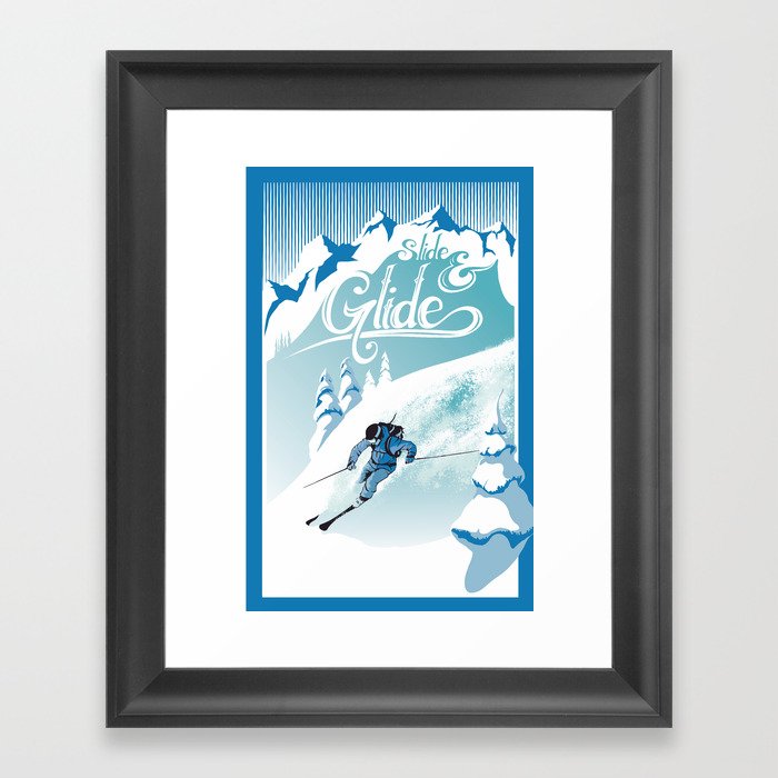 Slide and Glide modern retro ski poster Framed Art Print