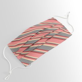 [ Thumbnail: Light Coral, Tan, Gray & Brown Colored Striped Pattern Face Mask ]