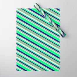 [ Thumbnail: Dark Sea Green, Mint Cream, Green, and Blue Colored Striped Pattern Wrapping Paper ]