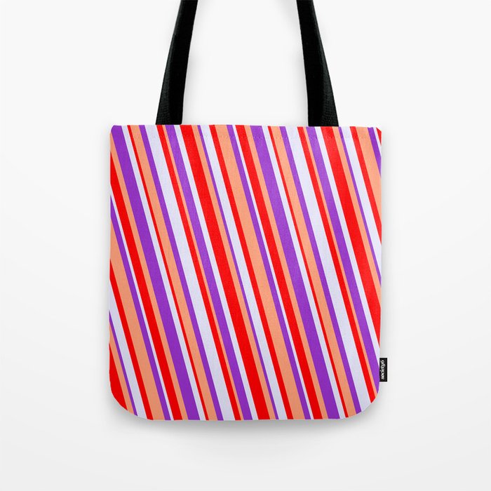 Red, Lavender, Dark Orchid & Light Salmon Colored Pattern of Stripes Tote Bag