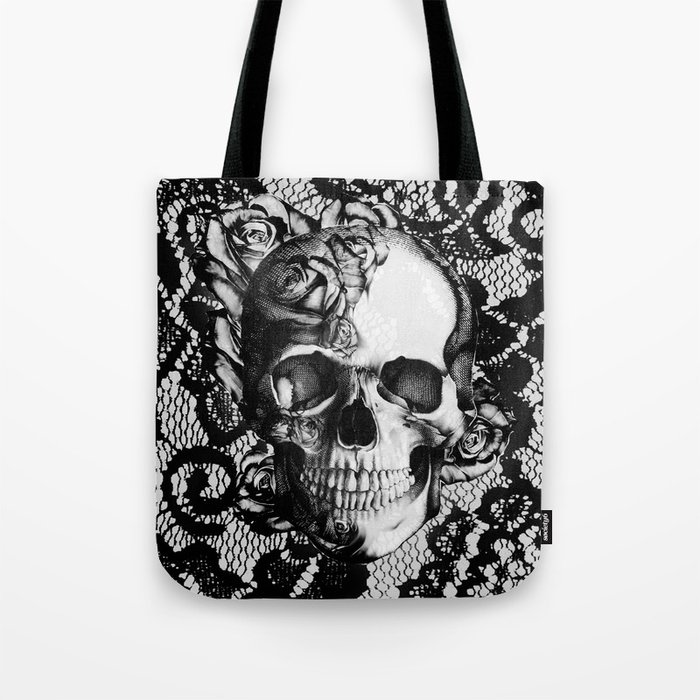 Rose skull on black lace base. Tote Bag by Kristy Patterson Design ...