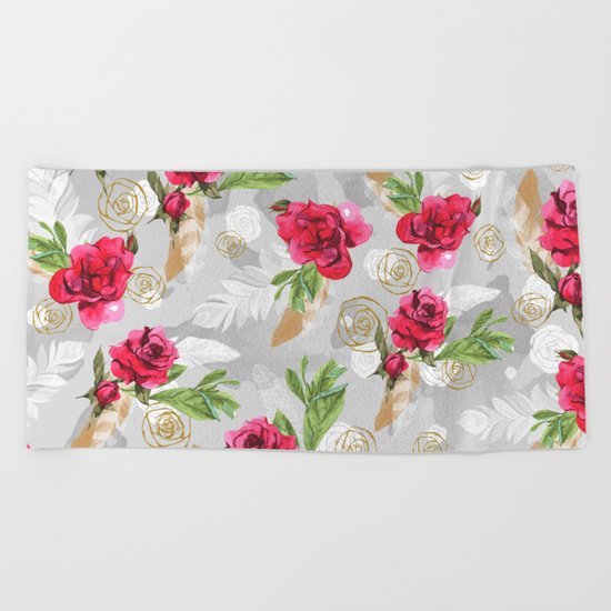 Pattern flowers & feathers Beach Towel
