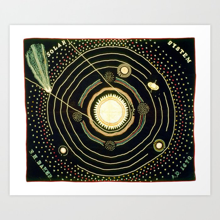 Solar System quilt by Ellen Harding Baker (1886) Art Print | Collage, Embroidery, Needlepoint, Astronomy, Solar-system, Quilt