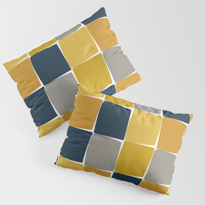 Flux Midcentury Modern Check Grid Pattern in Mustard Ochre Navy Blue Gray White  Pillow Sham