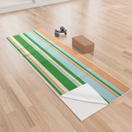 [ Thumbnail: Forest Green, Beige, Brown & Powder Blue Colored Striped Pattern Yoga Towel ]