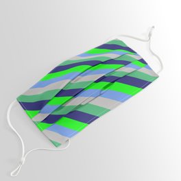 [ Thumbnail: Lime, Cornflower Blue, Grey, Sea Green, and Midnight Blue Colored Stripes Pattern Face Mask ]