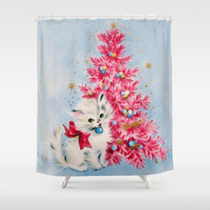 Retro Christmas, Vintage Christmas Kitten Shower Curtain