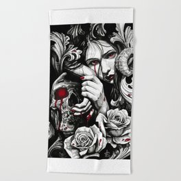 Lilith Vampire Queen with Skull and Filigree design by Jackie Rabbit Beach Towel