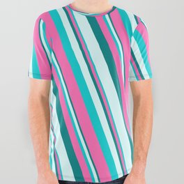 [ Thumbnail: Teal, Light Cyan, Dark Turquoise, and Hot Pink Colored Pattern of Stripes All Over Graphic Tee ]