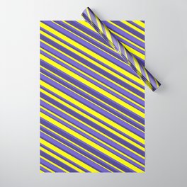 [ Thumbnail: Yellow, Slate Blue, and Dark Slate Blue Colored Lined/Striped Pattern Wrapping Paper ]