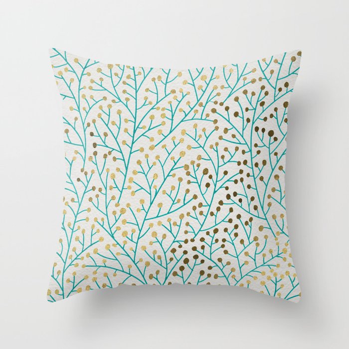 Berry Branches – Turquoise & Gold Throw Pillow
