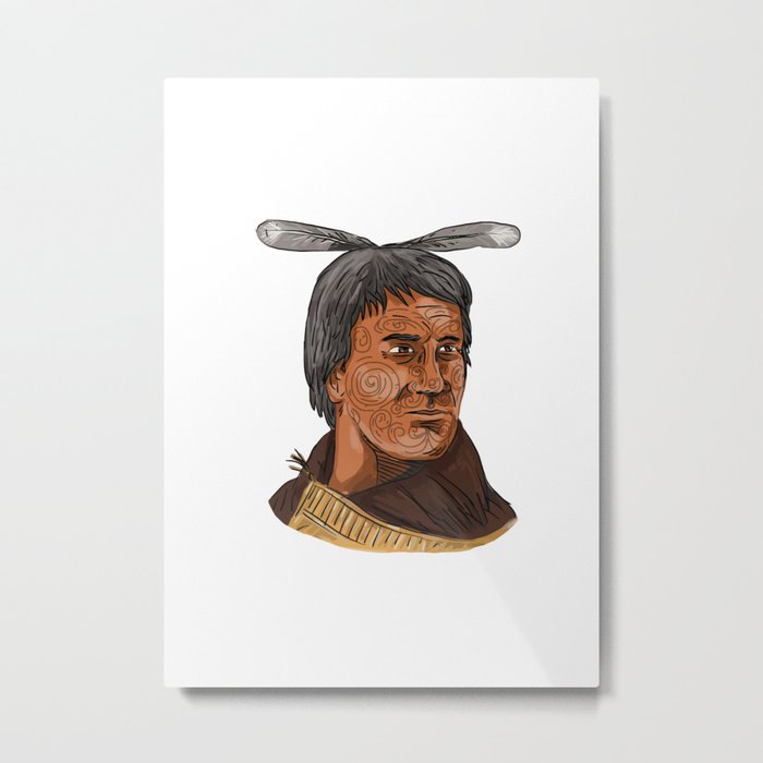 Maori Chief Warrior Bust Watercolor Metal Print