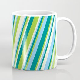 [ Thumbnail: Teal, Green, Beige & Light Sky Blue Colored Stripes/Lines Pattern Coffee Mug ]