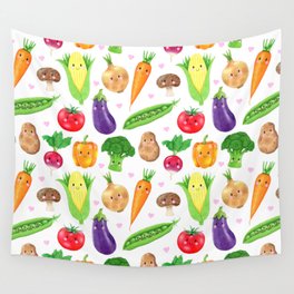 Veggie Friends on White Wall Tapestry