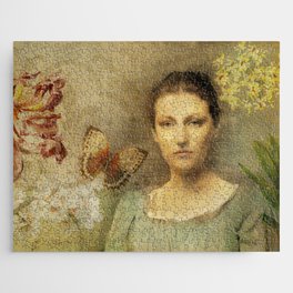 Painting of Mrs. Alfred Q. Collins given a new life with flowers and butterfly Jigsaw Puzzle