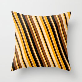 [ Thumbnail: Orange, Tan, Brown, and Black Colored Striped Pattern Throw Pillow ]
