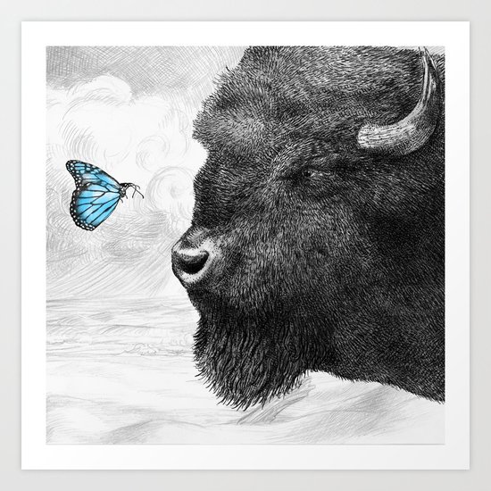 Bison and Butterfly (square format) Art Print
