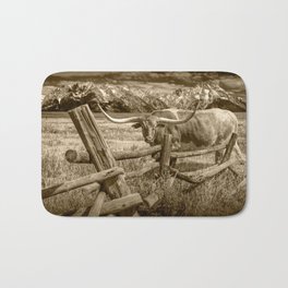 Texas Longhorn Steer by an Old Wooden Fence in Sepia Tone Bath Mat | Herd, Prairie, Ranch, Steer, Landscape, Western, Cattle, Sepiatone, Art, Texaslonghorn 