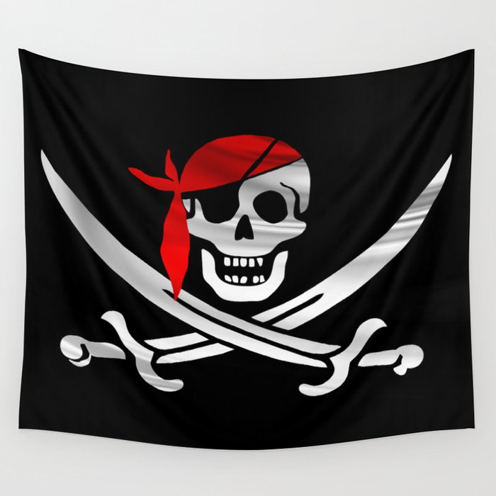 Jolly Roger pirate waving flag with skull and swords with red bandana on a silk drape  Wall Tapestry