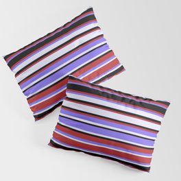 [ Thumbnail: Red, Medium Slate Blue, Lavender, and Black Colored Stripes/Lines Pattern Pillow Sham ]