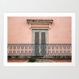 Old doors and balcony on a coral pink background in Italy Art Print