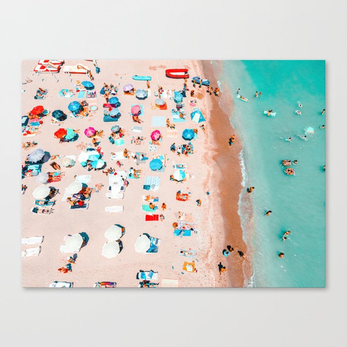 Coastal Beach Print, Aerial Ocean Beach Art Print, Summer Umbrellas On Beach, Holiday Time, Hot Sand Canvas Print