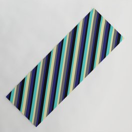 [ Thumbnail: Eyecatching Turquoise, Pale Goldenrod, Dim Gray, Midnight Blue, and Black Colored Striped Pattern Yoga Mat ]