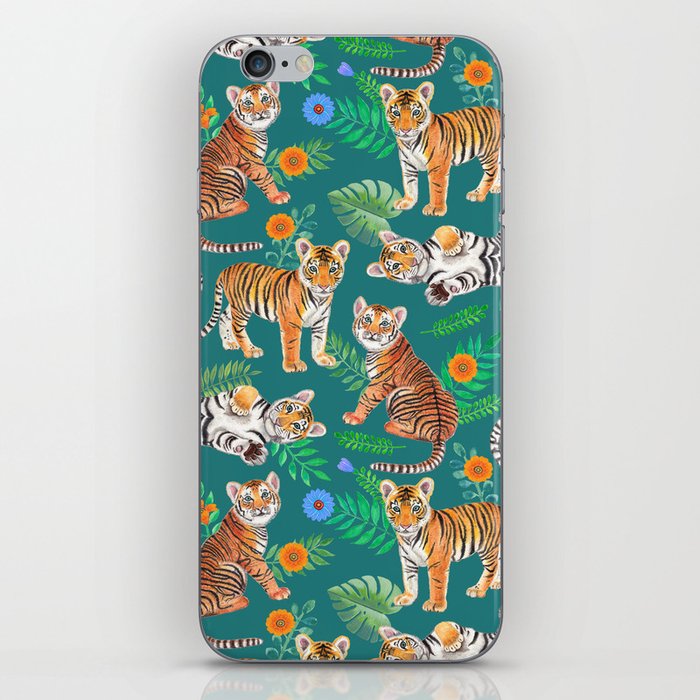Tiger Cubs and Flowers (Green) iPhone Skin