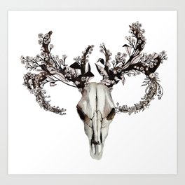 deer skull with flower crown Art Print