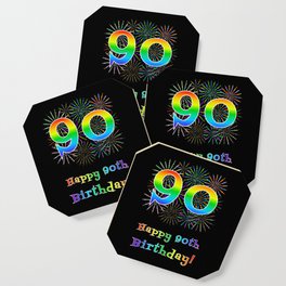 [ Thumbnail: 90th Birthday - Fun Rainbow Spectrum Gradient Pattern Text, Bursting Fireworks Inspired Background Coaster ]