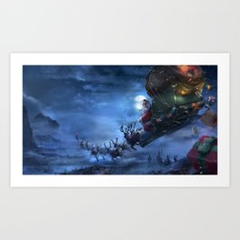 santa claus reindeer sleigh flying gifts christmas Art Print