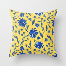 Elegant Blue Yellow Cone Flowers Floral Pattern Throw Pillow