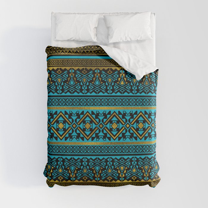 Mexican Style pattern - black, teal and gold Duvet Cover
