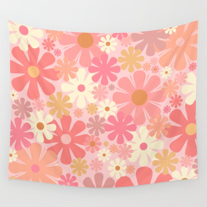 Blush Pink 60s 70s Vintage Flower Power Floral Pattern Wall Tapestry