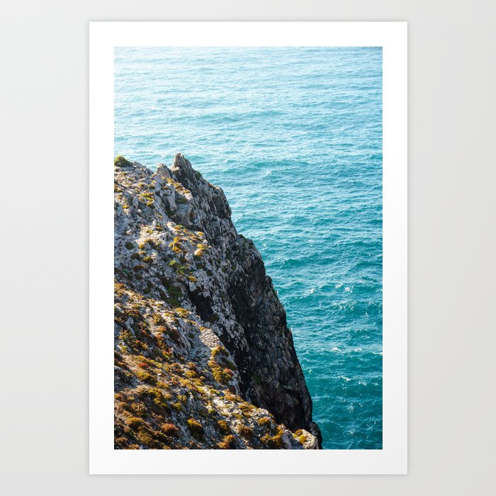 Cliff at the beautiful blue azure ocean of Cape St. Vincent, Portugal | Natural colors.  Art Print