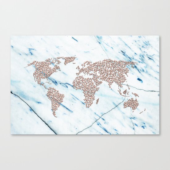 Rosegold Stars on Blue Marble World Map Canvas Print