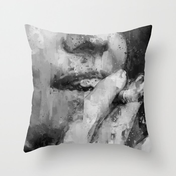 girl smoking cigarette black and white painting - illustration Throw Pillow