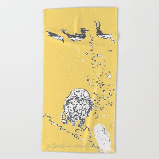 Two Tailed Duck and Jellyfish Pale Yellow Mellow Beach Towel