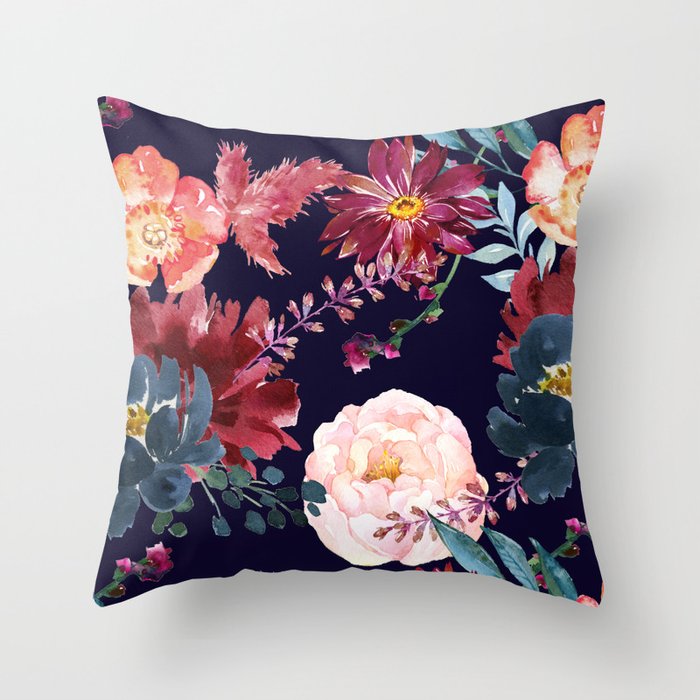 Dramatic Garden Dark Navy and Pink Floral Pattern Vintage Style Throw Pillow