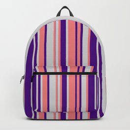 [ Thumbnail: Light Coral, Light Gray & Indigo Colored Lines Pattern Backpack ]