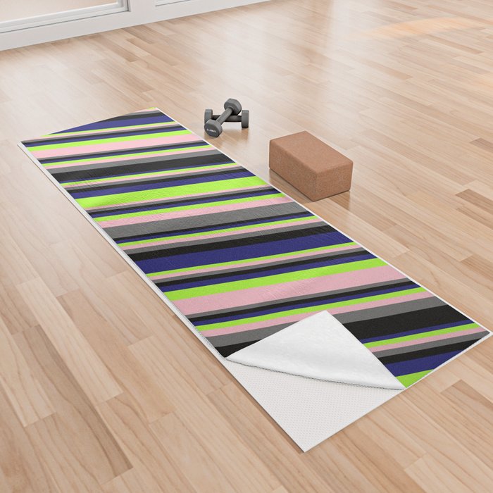 Eye-catching Midnight Blue, Light Green, Pink, Dim Grey, and Black Colored Striped Pattern Yoga Towel