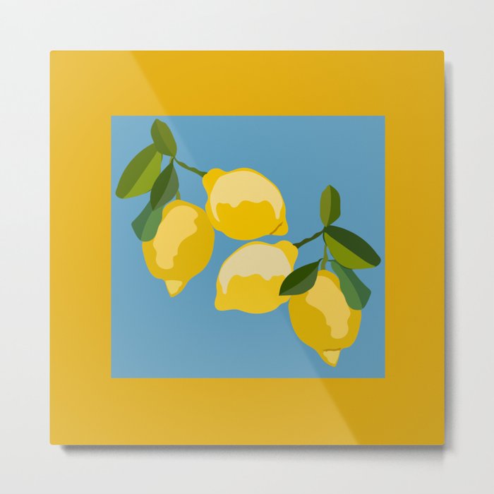 Fresh Lemon Tree Art Design on Yellow and Blue Metal Print