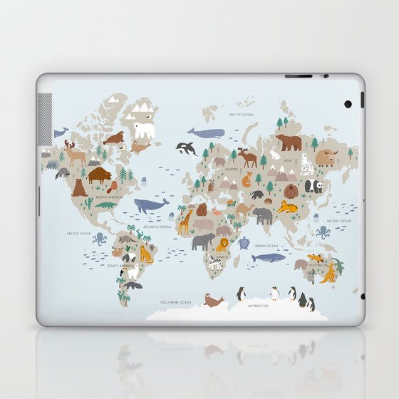 Animal World Map for Kids - Blue Laptop & iPad Skin