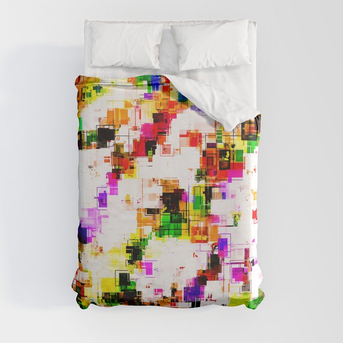psychedelic geometric square pixel pattern abstract background in green red pink yellow Duvet Cover