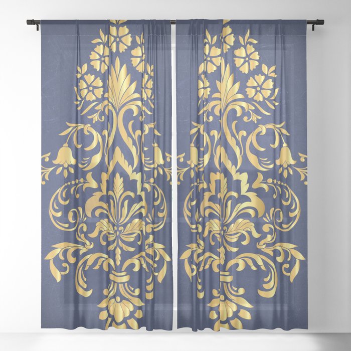 Navy Blue & Gold Damask Flower Pattern Sheer Curtain