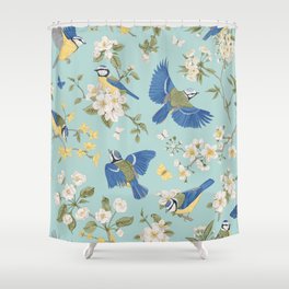 Seamless vintage pattern with tits and blooming trees. Birds and flowers. Chinoiserie Shower Curtain