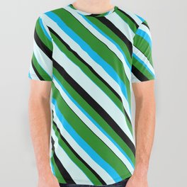 [ Thumbnail: Forest Green, Deep Sky Blue, Light Cyan & Black Colored Stripes/Lines Pattern All Over Graphic Tee ]