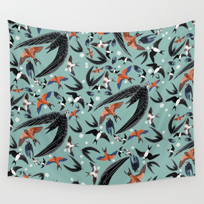 Swallows Martins and Swift pattern Turquoise Wall Tapestry