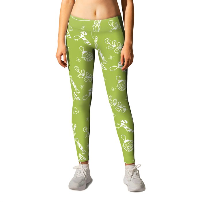 Light Green and White Christmas Snowman Doodle Pattern Leggings