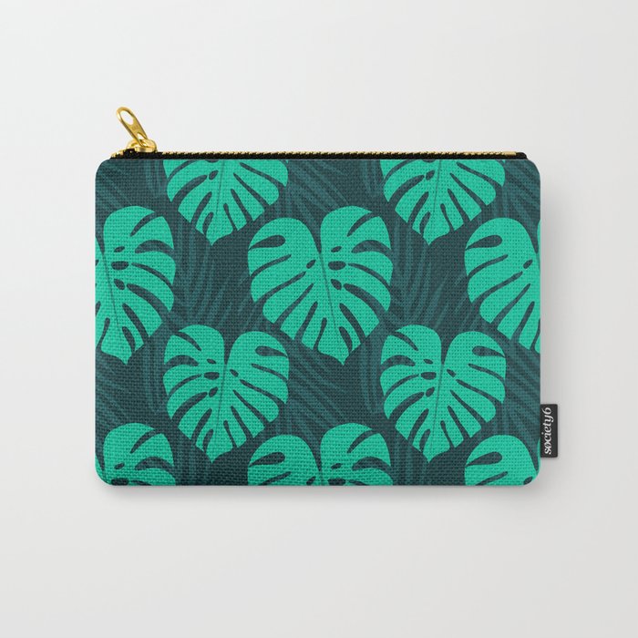 Monstera and Palm Leaves on Deep Blue Carry-All Pouch